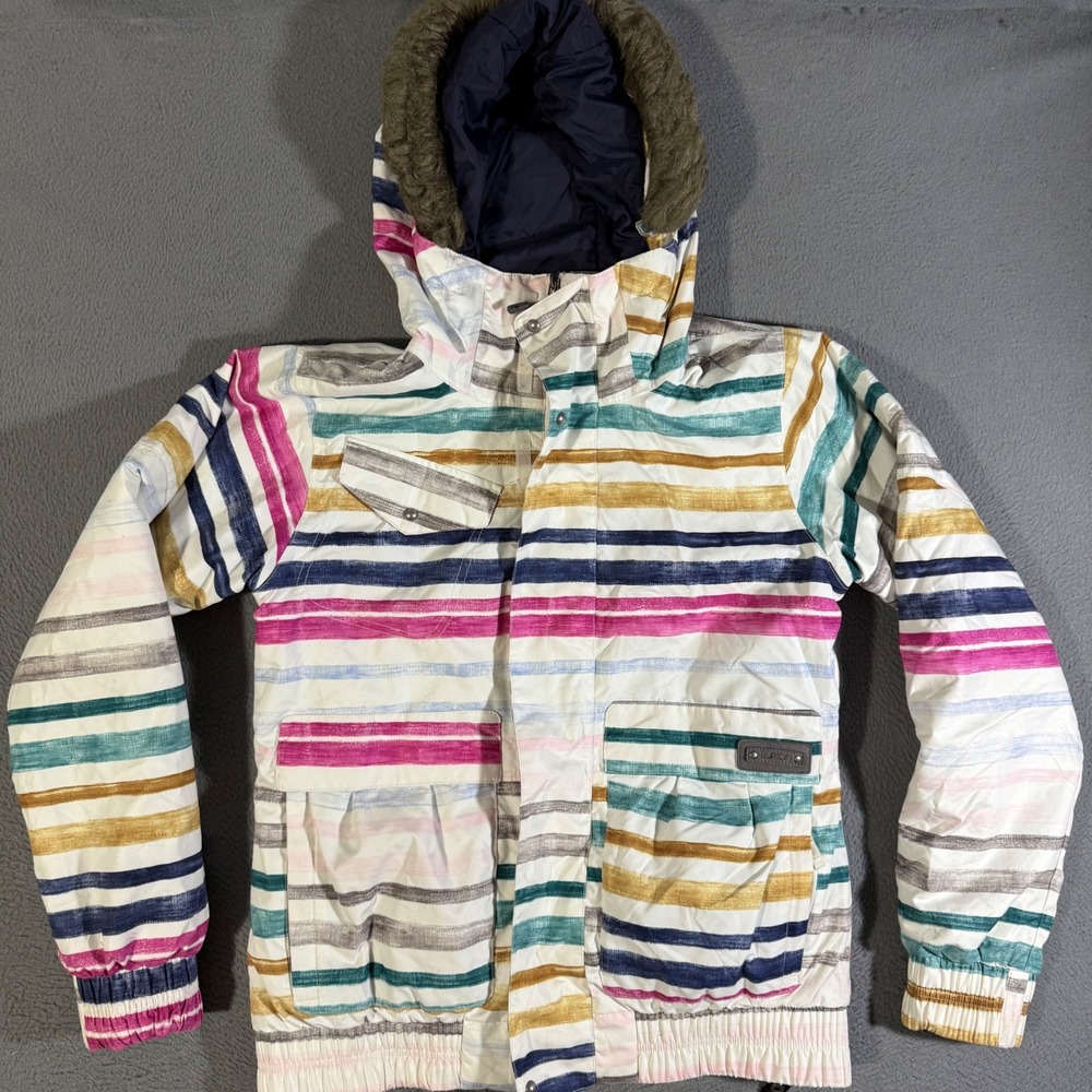 Burton Dryride Women's Size Large Snowboard Ski Jacket Striped Faux Fur Hood